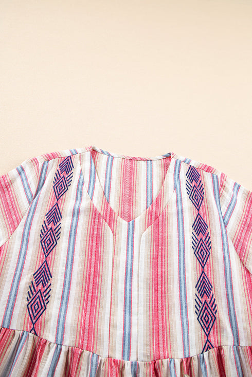 White Stripe Plus Size Embroidered Detail Flared 3/4 Sleeve V Neck Dress