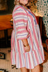 White Stripe Plus Size Embroidered Detail Flared 3/4 Sleeve V Neck Dress