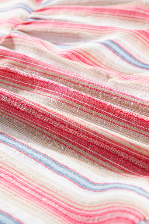 White Stripe Plus Size Embroidered Detail Flared 3/4 Sleeve V Neck Dress