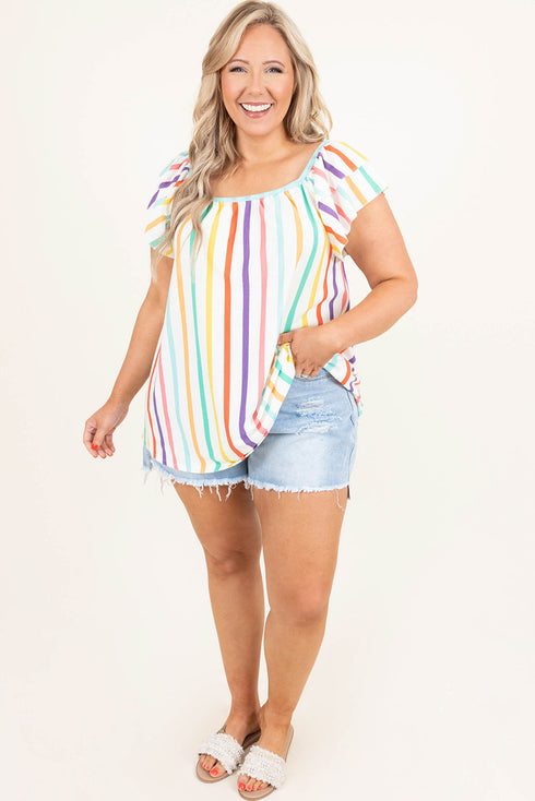 White Stripe Ruffled Sleeve Square Neck Plus Size Blouse