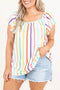 White Stripe Ruffled Sleeve Square Neck Plus Size Blouse