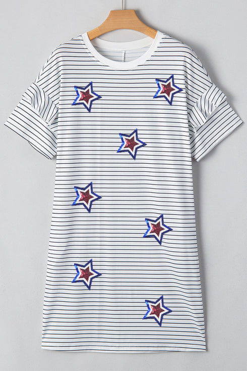 White Stripe Sequin USA Flag Star Graphic Ruffled Short Sleeve Mini Dress