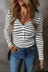 White Stripe Slim Fit Buttoned V Neck Long Sleeve T Shirt