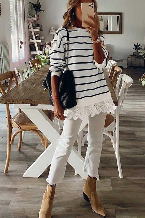 White Striped Button Dropped Shoulder Lace Splicing Top