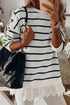 White Striped Button Dropped Shoulder Lace Splicing Top