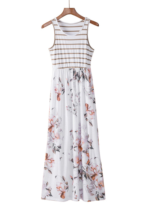 White Striped Floral Print Sleeveless Maxi Dress With Pocket