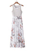 White Striped Floral Print Sleeveless Maxi Dress With Pocket