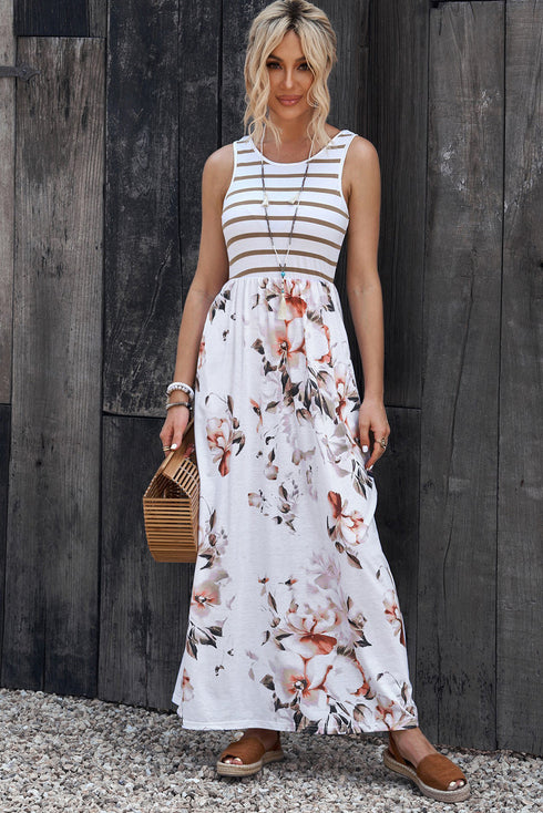 White Striped Floral Print Sleeveless Maxi Dress With Pocket