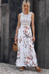 White Striped Floral Print Sleeveless Maxi Dress With Pocket