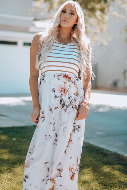 White Striped Floral Print Sleeveless Maxi Dress With Pocket