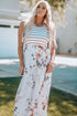 White Striped Floral Print Sleeveless Maxi Dress With Pocket