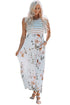White Striped Floral Print Sleeveless Maxi Dress With Pocket