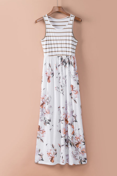 White Striped Floral Print Sleeveless Maxi Dress With Pocket