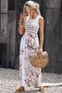 White Striped Floral Print Sleeveless Maxi Dress With Pocket