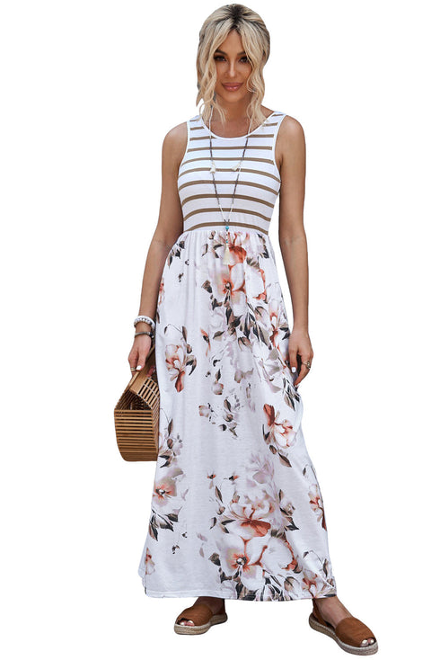 White Striped Floral Print Sleeveless Maxi Dress With Pocket