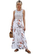 White Striped Floral Print Sleeveless Maxi Dress With Pocket