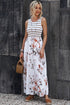 White Striped Floral Print Sleeveless Maxi Dress With Pocket
