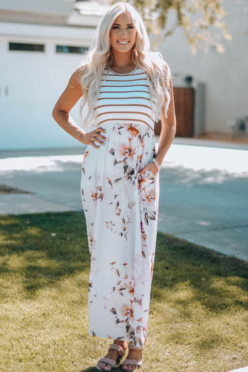 White Striped Floral Print Sleeveless Maxi Dress With Pocket