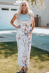 White Striped Floral Print Sleeveless Maxi Dress With Pocket