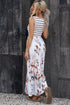 White Striped Floral Print Sleeveless Maxi Dress With Pocket