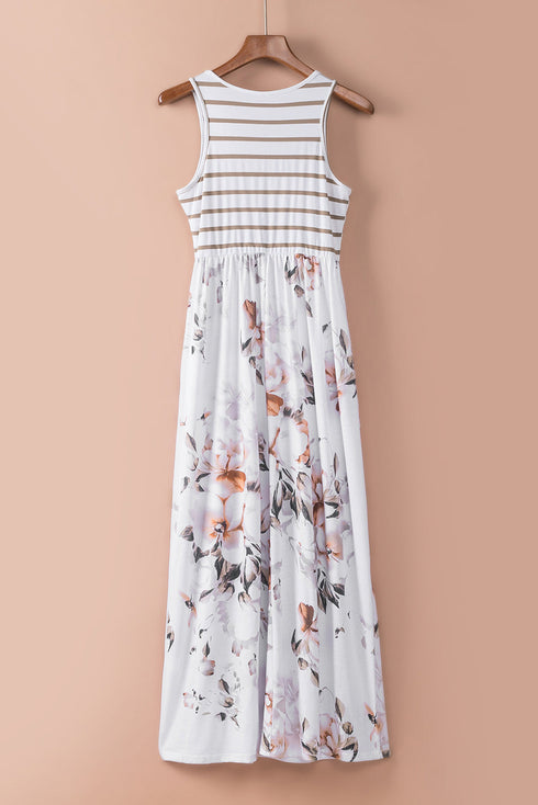 White Striped Floral Print Sleeveless Maxi Dress With Pocket