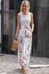 White Striped Floral Print Sleeveless Maxi Dress With Pocket