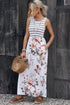 White Striped Floral Print Sleeveless Maxi Dress With Pocket