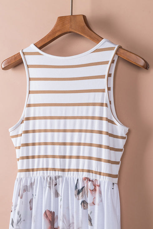 White Striped Floral Print Sleeveless Maxi Dress With Pocket