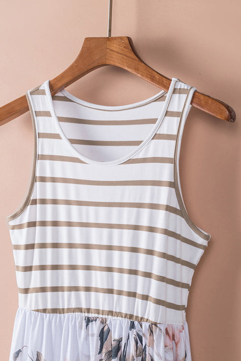 White Striped Floral Print Sleeveless Maxi Dress With Pocket