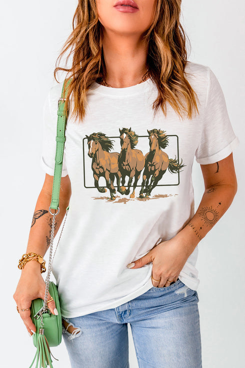 White Texas Horse Graphic Cuffed Sleeve Graphic T Shirt