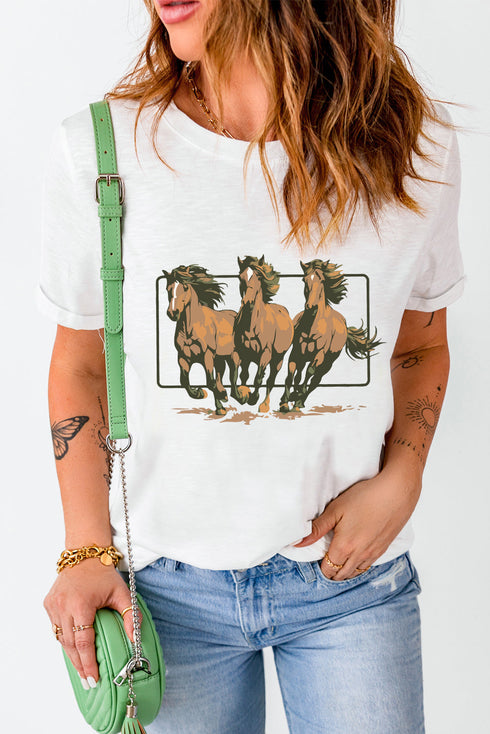 White Texas Horse Graphic Cuffed Sleeve Graphic T Shirt