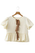 White Textured Bow Ties Front Bubble Hem Puff Short Sleeve Blouse