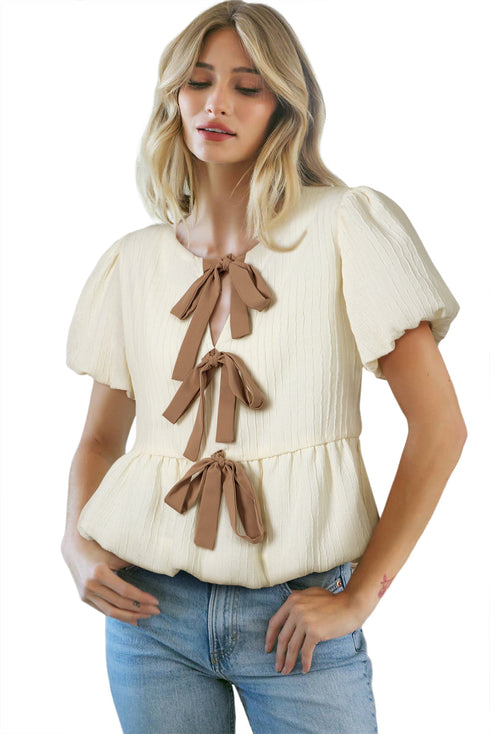 White Textured Bow Ties Front Bubble Hem Puff Short Sleeve Blouse