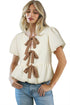 White Textured Bow Ties Front Bubble Hem Puff Short Sleeve Blouse