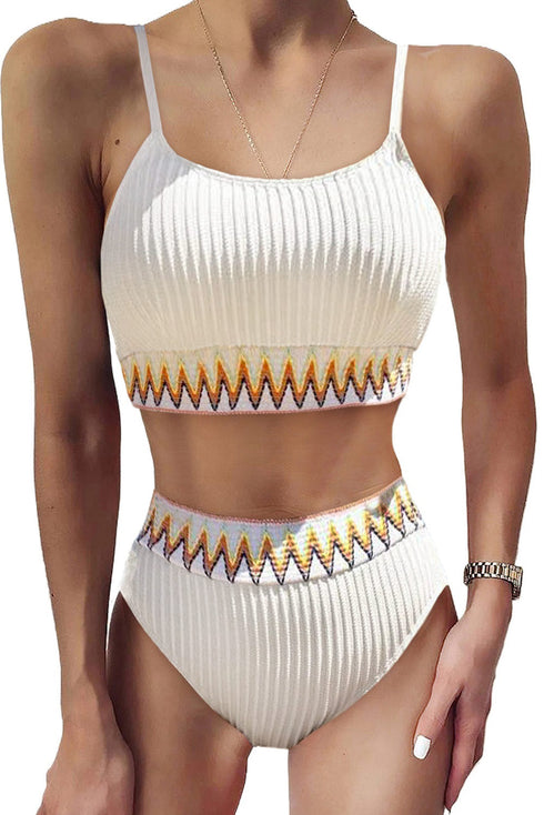 White Textured Contrast Banding Bikini High Waist 2pcs Swimsuit