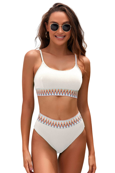 White Textured Contrast Banding Bikini High Waist 2pcs Swimsuit
