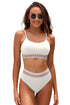 White Textured Contrast Banding Bikini High Waist 2pcs Swimsuit