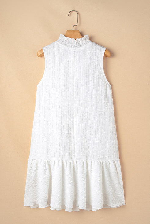 White Textured Frilled High Neck Sleeveless Ruffled Mini Dress