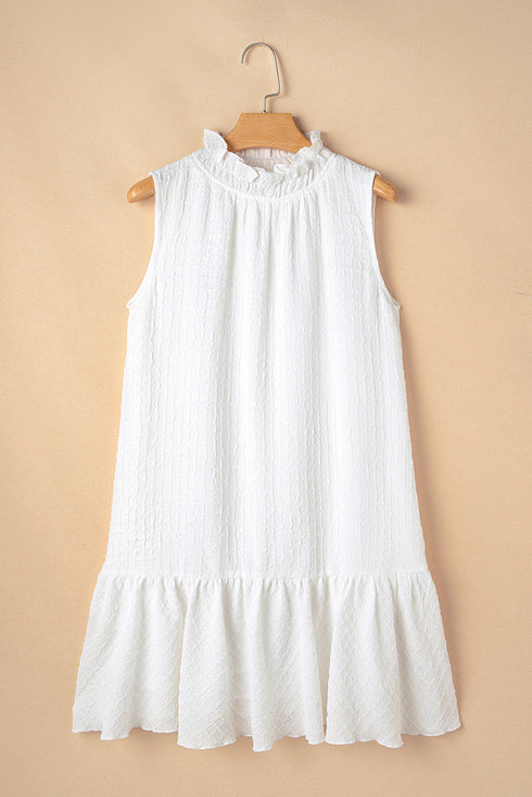 White Textured Frilled High Neck Sleeveless Ruffled Mini Dress