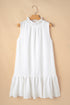 White Textured Frilled High Neck Sleeveless Ruffled Mini Dress