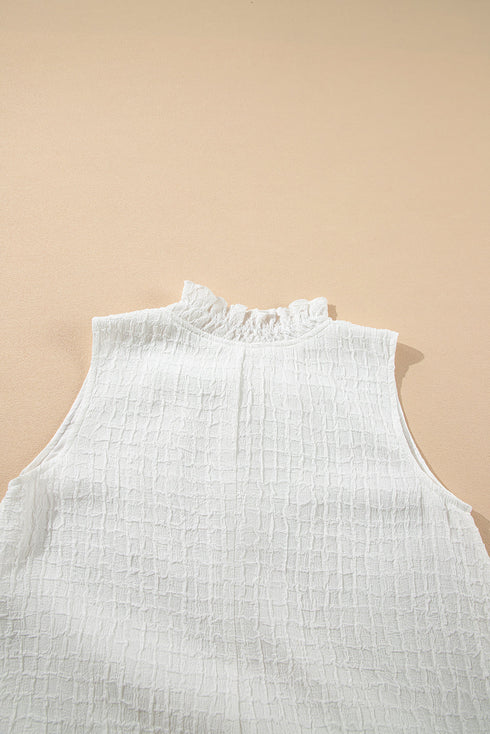 White Textured Frilled High Neck Sleeveless Ruffled Mini Dress