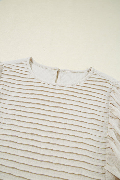 White Textured Ruffled Puff Sleeve Loose Dress