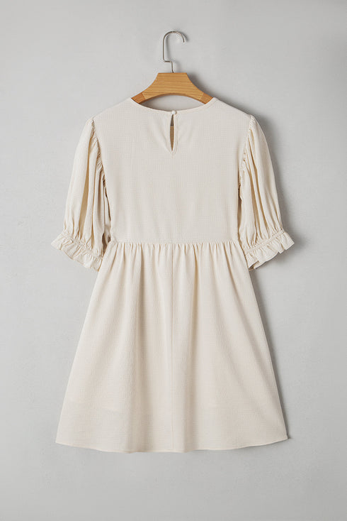 White Textured Ruffled Puff Sleeve Loose Dress