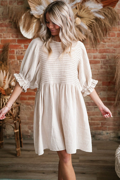 White Textured Ruffled Puff Sleeve Loose Dress