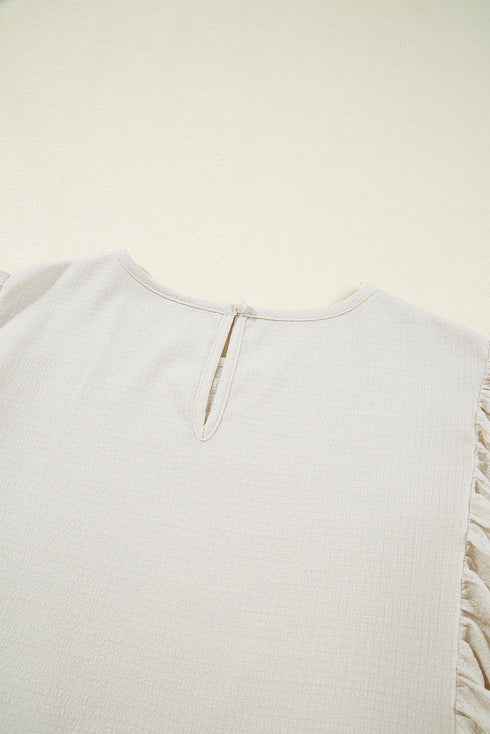 White Textured Ruffled Puff Sleeve Loose Dress