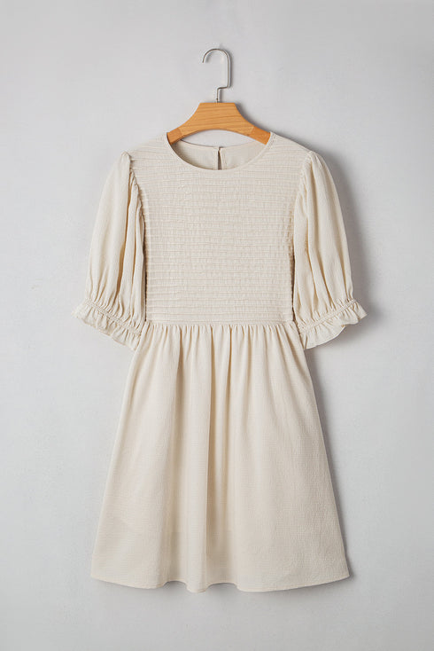 White Textured Ruffled Puff Sleeve Loose Dress
