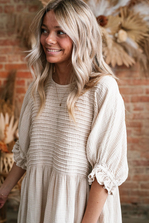 White Textured Ruffled Puff Sleeve Loose Dress