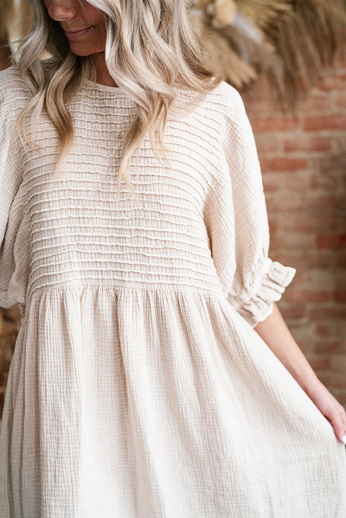 White Textured Ruffled Puff Sleeve Loose Dress