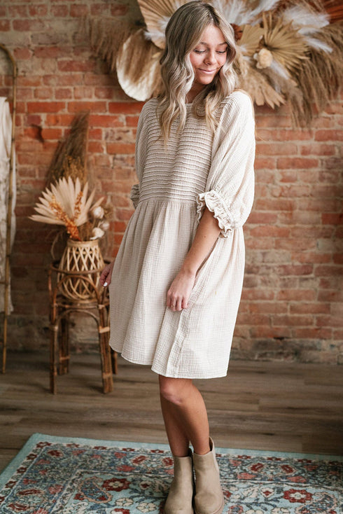 White Textured Ruffled Puff Sleeve Loose Dress