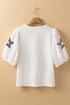White Textured Sequin Mardi Gras Star Graphic Puff Sleeve Blouse
